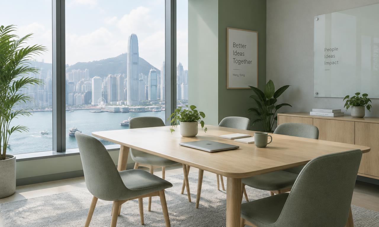 A calm, light meeting room overlooking Victoria Harbour