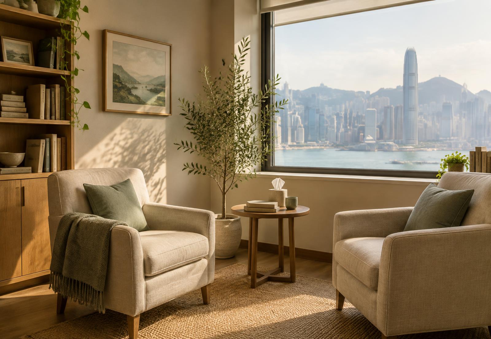 A calm counselling room overlooking Victoria Harbour